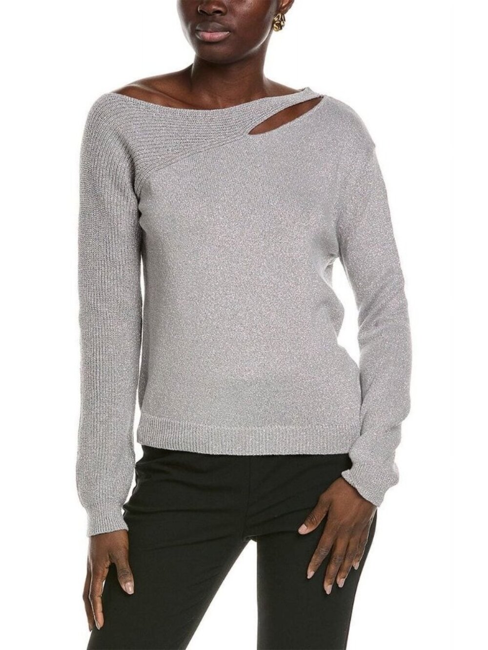 $89 Vince Camuto Women's One Side Shoulder Cutout Sweater Metallic Silver Size M